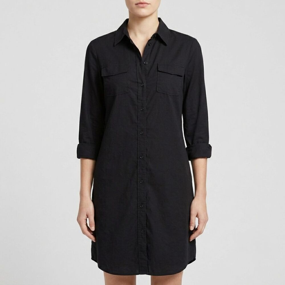 Theory Dress Shirt Linen Womens Size 4 Black /4 Sleeve Pockets